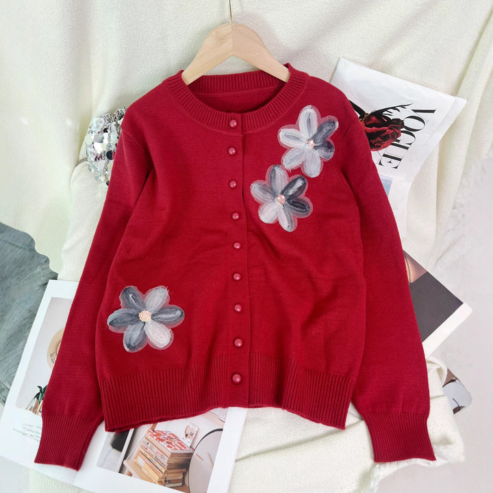 Damen Strickjacke mit floralem Design und Knopfverschluss Drune