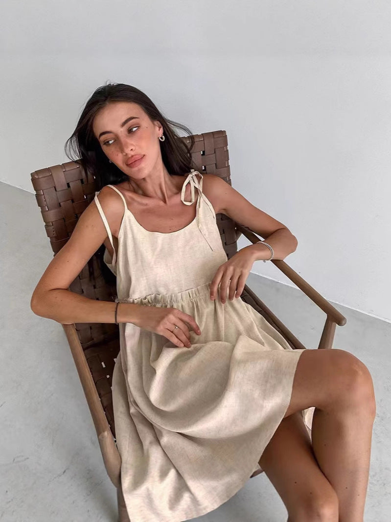 Damen lässiges Spaghettiträger-Kleid mit elastischem Bund und dekorativen Schleifen Drune