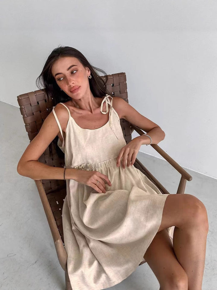 Damen lässiges Spaghettiträger-Kleid mit elastischem Bund und dekorativen Schleifen Drune