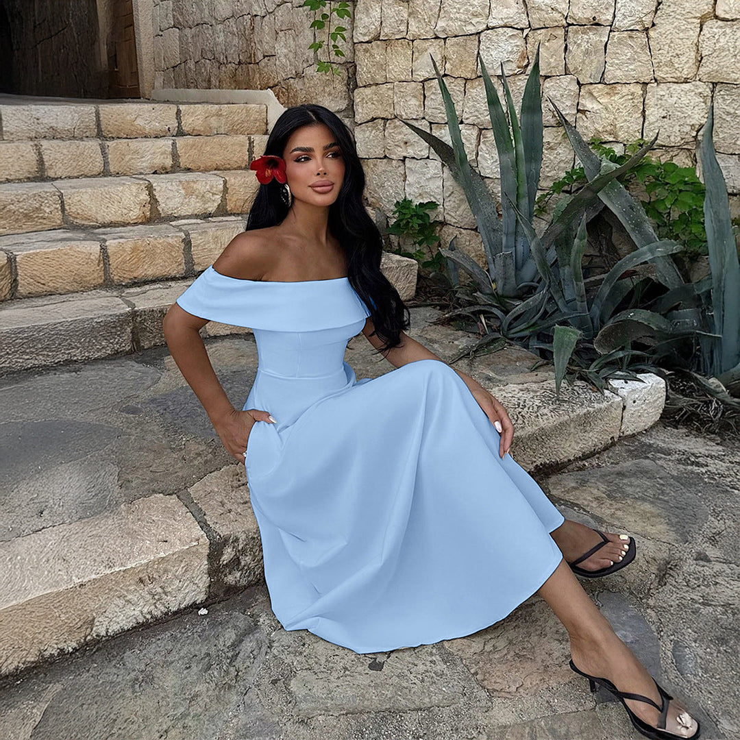 Damen Off-Shoulder Maxikleid mit Taschen und eleganter Silhouette Drune