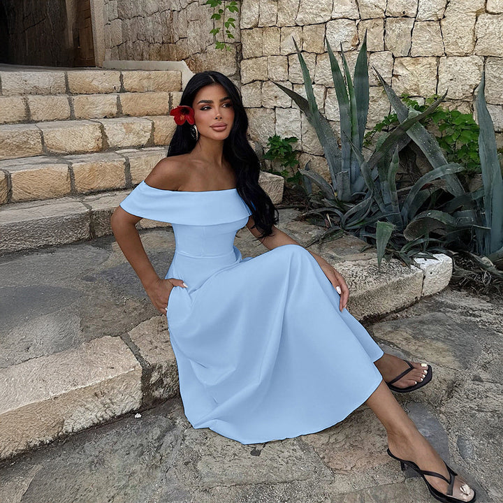 Damen Off-Shoulder Maxikleid mit Taschen und eleganter Silhouette Drune