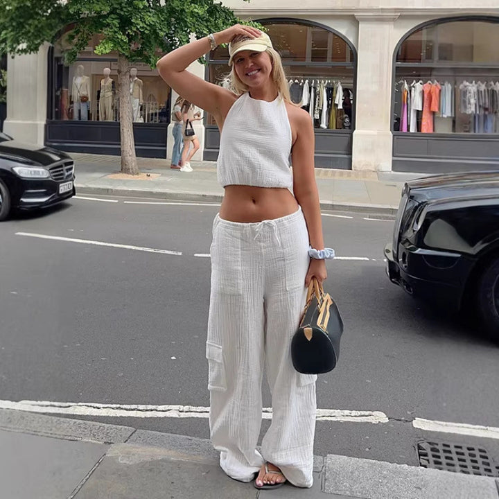 Damen lässiges Set aus Crop-Top und weit geschnittenen Hosen Drune
