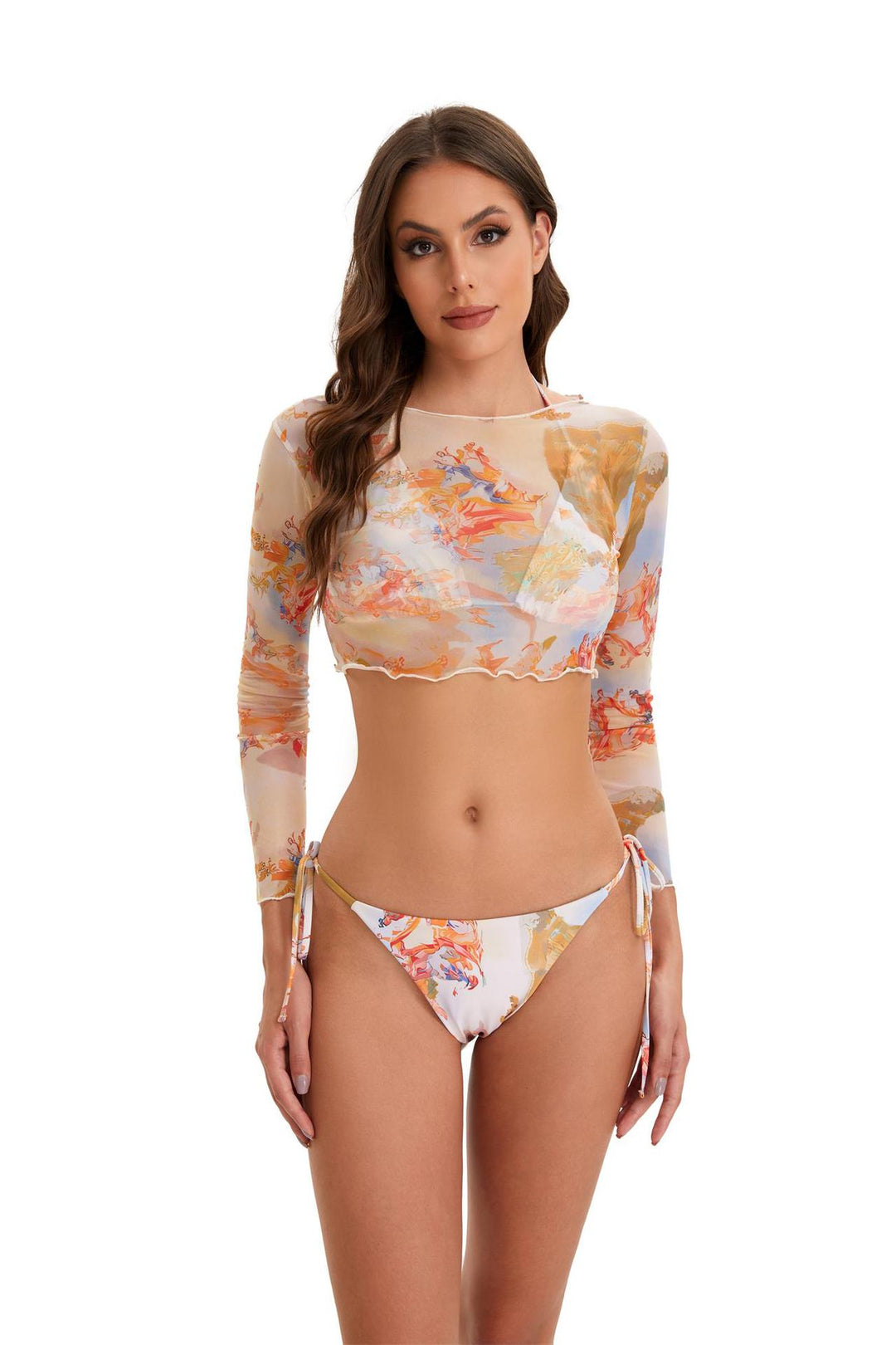 Damen Bikini-Set mit langärmeligem Crop-Top und floralem Design Drune