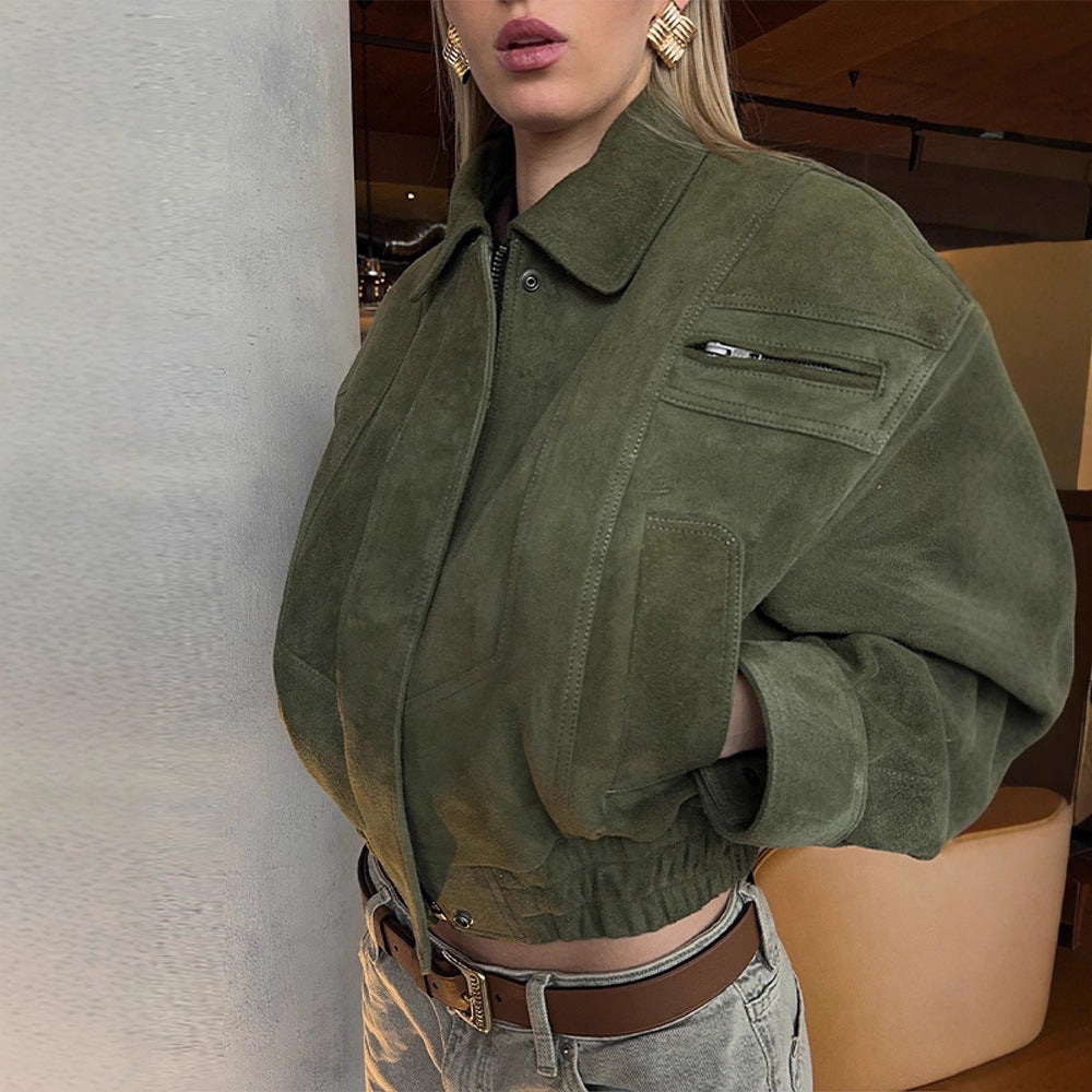 Damen Modische Wildlederjacke im cropped Stil mit praktischen Taschen Drune
