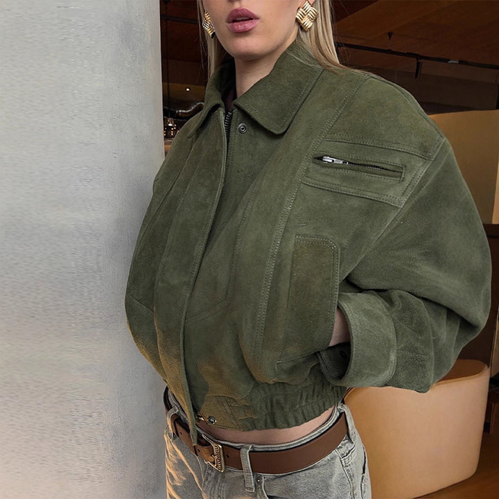 Damen Modische Wildlederjacke im cropped Stil mit praktischen Taschen Drune
