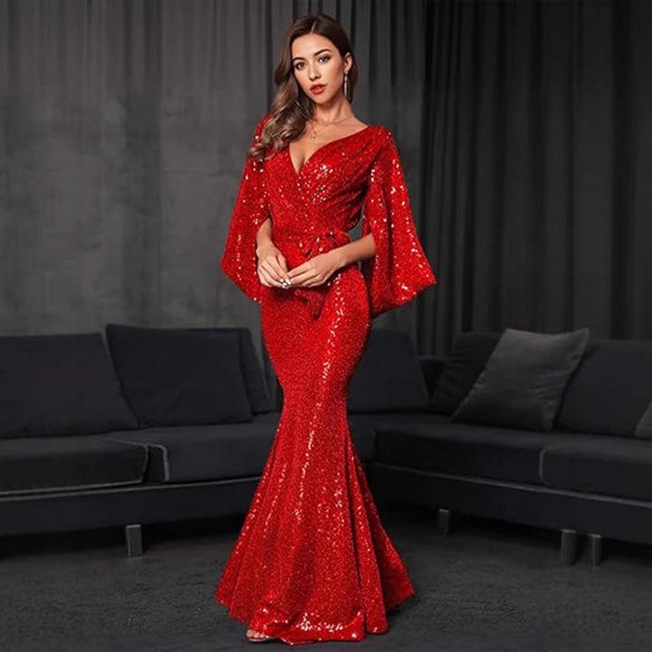 Damen Glamouröses Pailletten-Abendkleid mit tiefem V-Ausschnitt und fließendem Rock Drune