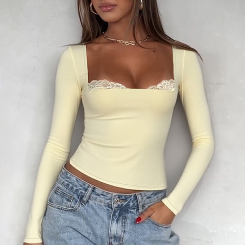 Damen Langarmshirt mit dezentem Spitzenbesatz und figurbetontem Schnitt Drune