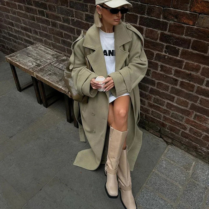 Damen Modischer Oversized-Mantel mit taillierbarem Gürtel Drune