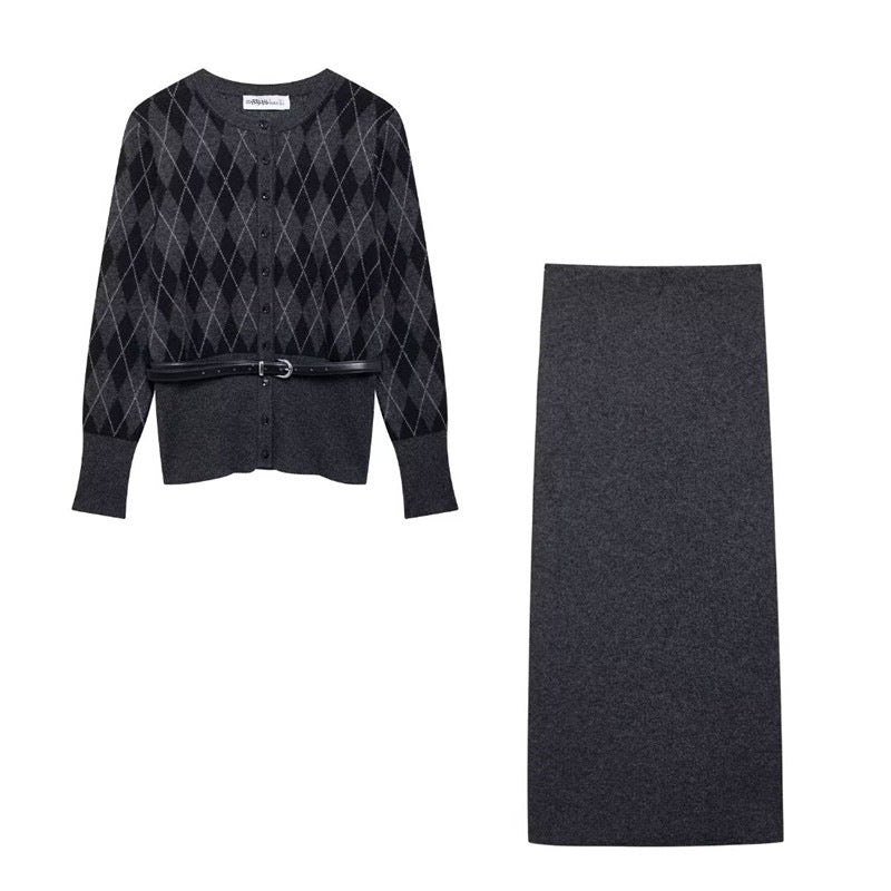 Damen Strickjacke mit modernem Karomuster und abnehmbarem Gürtel Drune