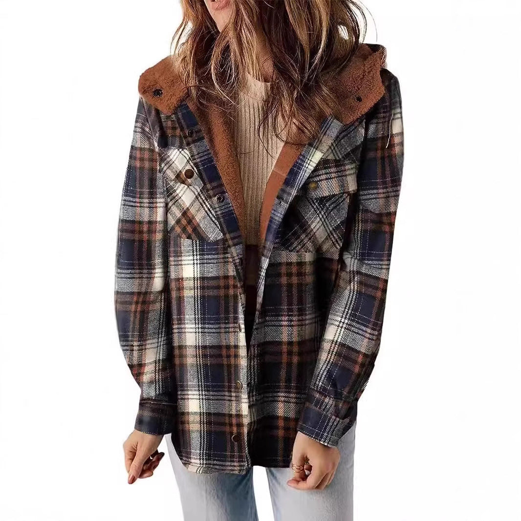 Damen Karierter Flanell-Jacke mit kuscheligem Innenfutter Drune