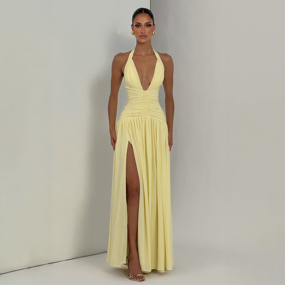 Damen Maxikleid mit tiefem V-Ausschnitt und figurbetonter Raffung Drune