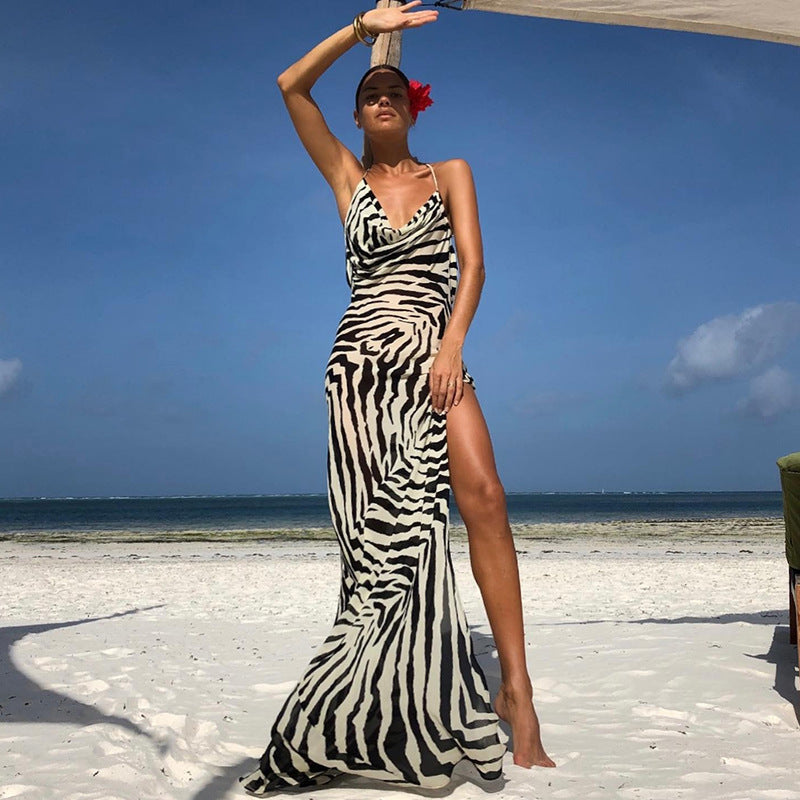 Damen Maxi-Strandkleid mit elegantem Wasserfall-Ausschnitt und hohem Schlitz Drune