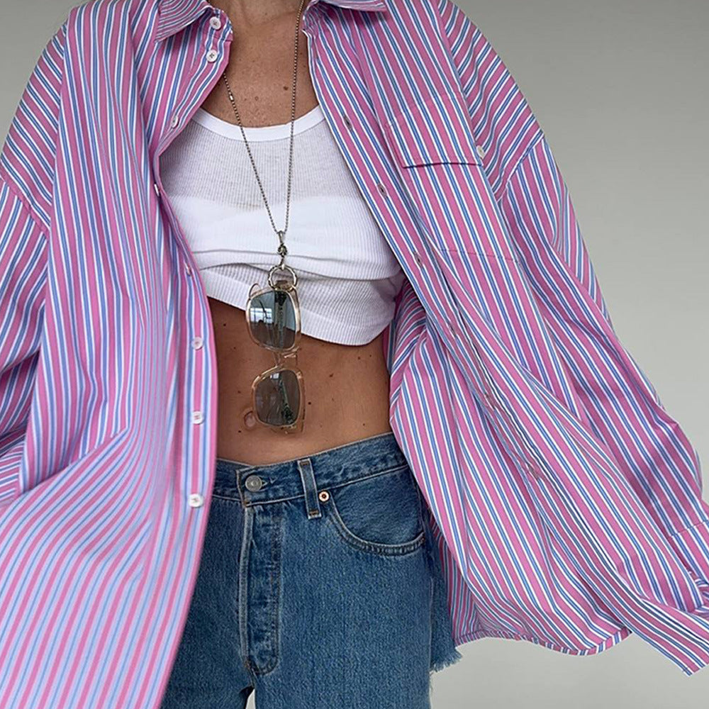 Damen Oversized Hemdbluse mit feinen Streifen Drune