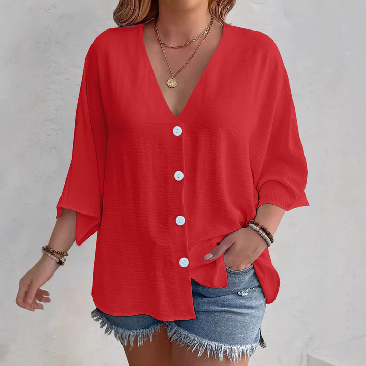 Damen Viskose Oversize-Bluse mit V-Ausschnitt und Knopfdetails Drune