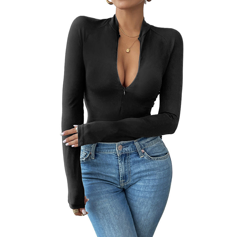 Damen Langarmshirt mit Reißverschluss und tiefem V-Ausschnitt Drune