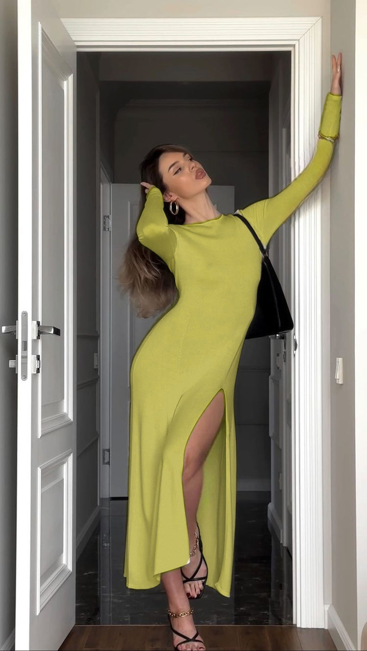 Damen elegantes langes Kleid mit Seitenschlitz Drune
