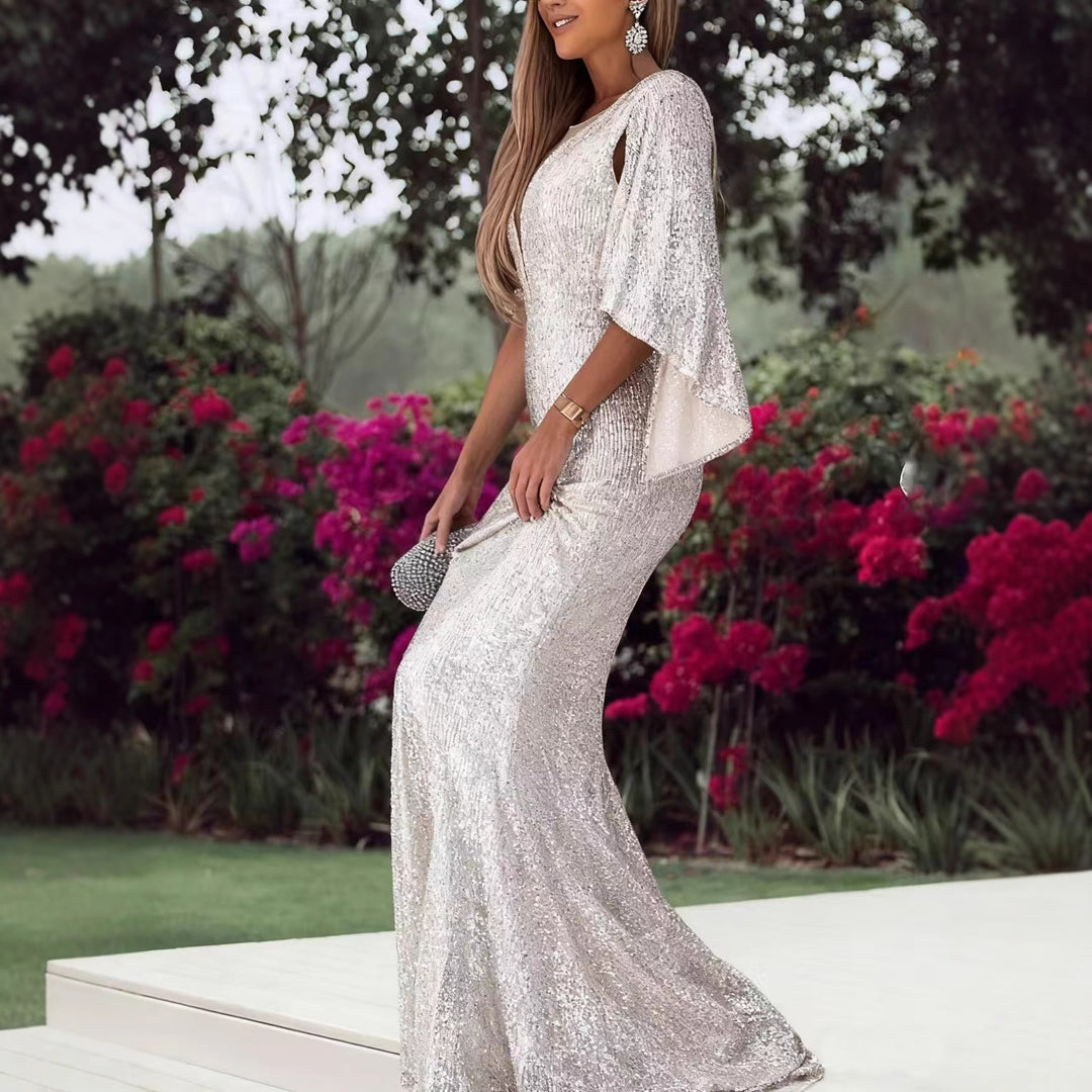 Damen Glamouröses Pailletten-Abendkleid mit tiefem V-Ausschnitt und eleganten Flügelärmeln Drune