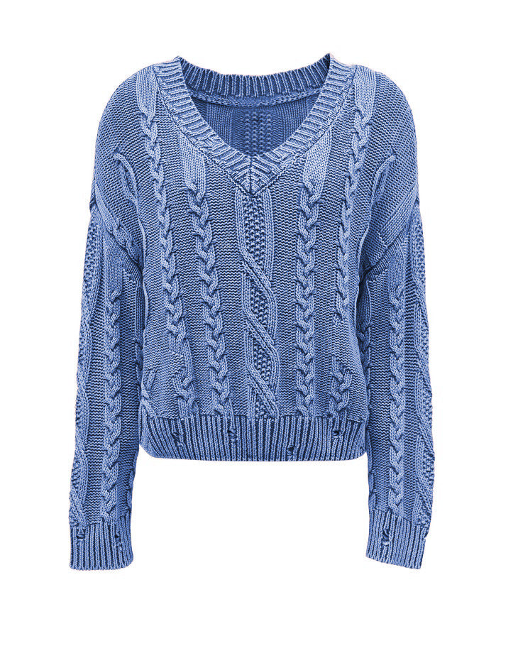 Damen Strickpullover mit Zopfmuster und V-Ausschnitt Drune