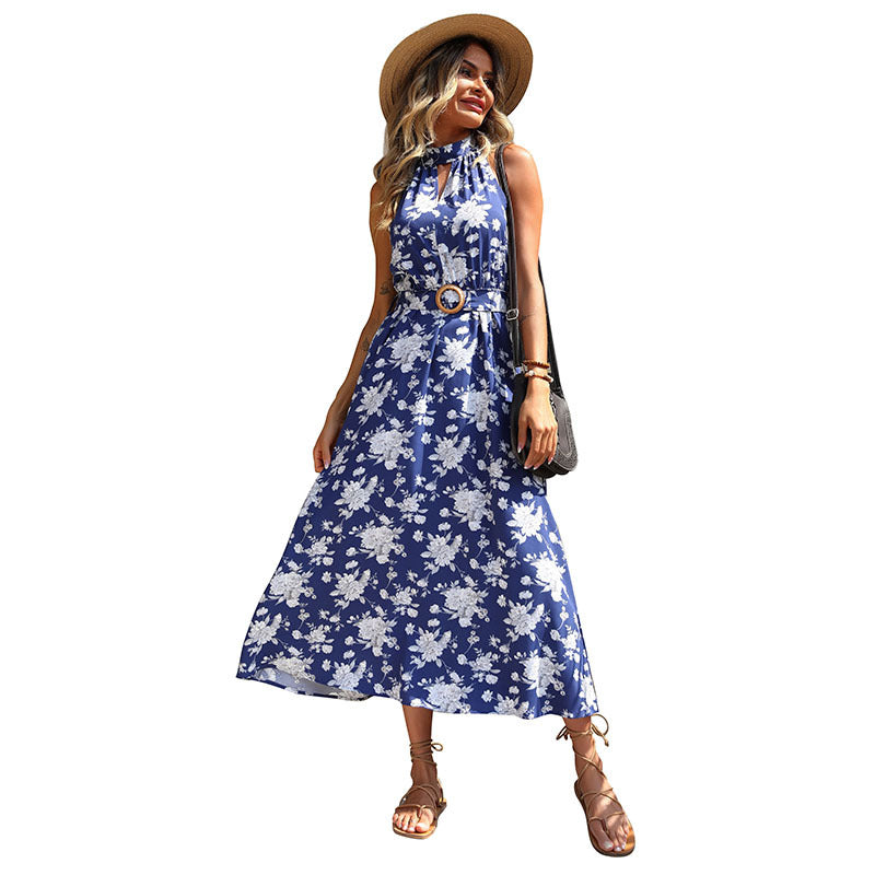 Damen Maxi-Kleid mit elegantem Blumenmuster und modischem Taillengürtel Drune