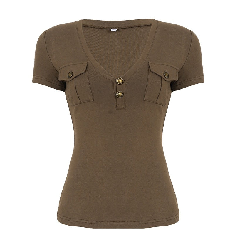 Damen Kurzarmshirt mit Knopfdetails und seitlichen Taschen Drune