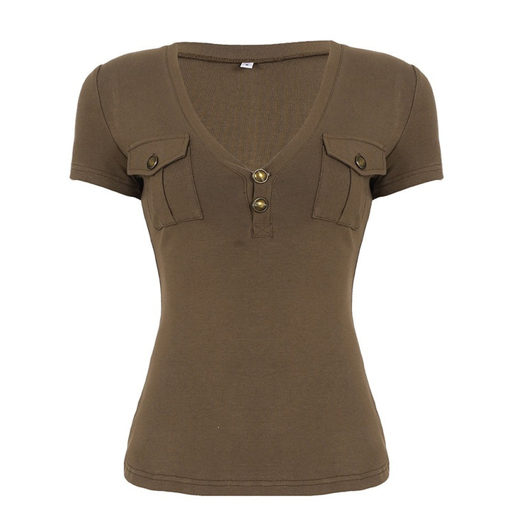 Damen Kurzarmshirt mit Knopfdetails und seitlichen Taschen Drune
