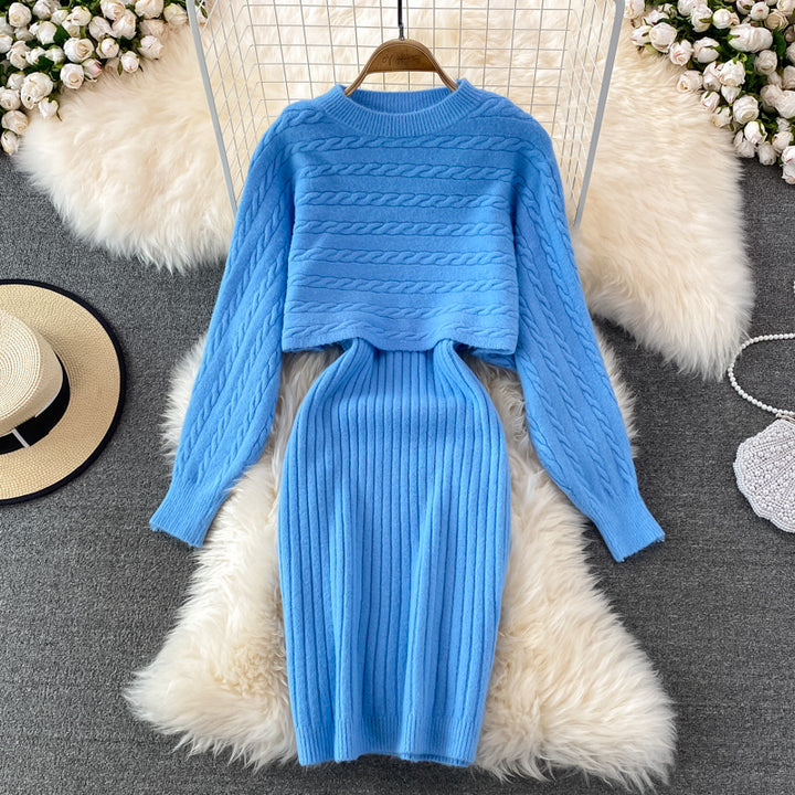 Damen modisches Zopf-Strickkleid mit cropped Pulloverteil Drune