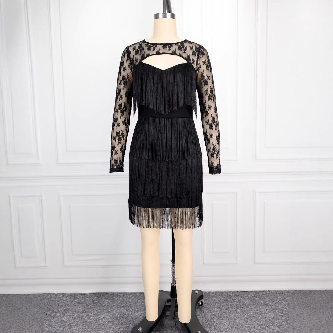 Damen Fransen Cocktailkleid mit Spitze Drune