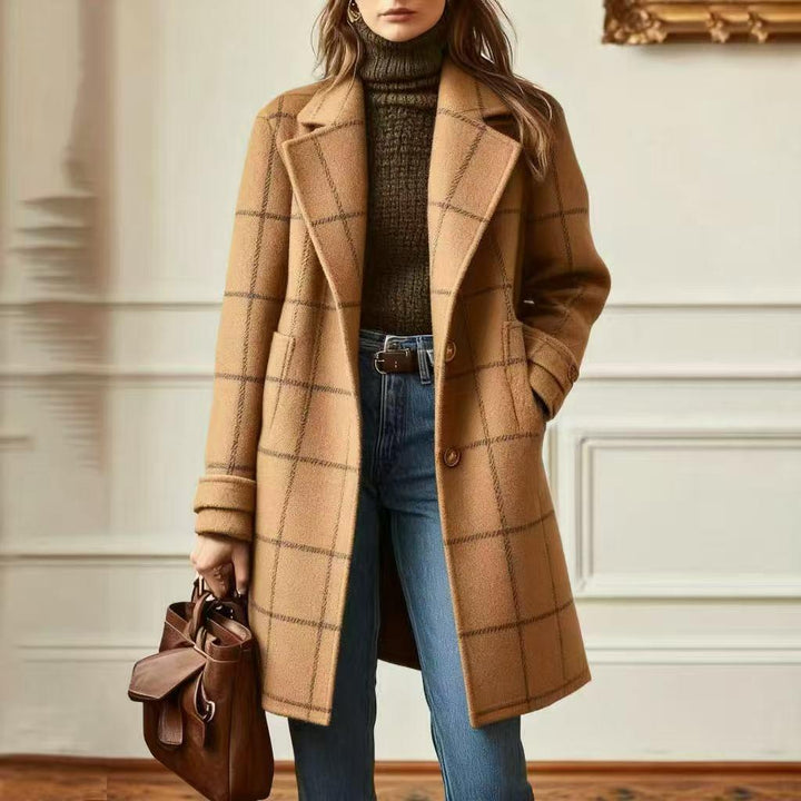 Damen nan karierter Wollmix Mantel mit Reverskragen, aufgesetzten Taschen und taillierter Silhouette Drune