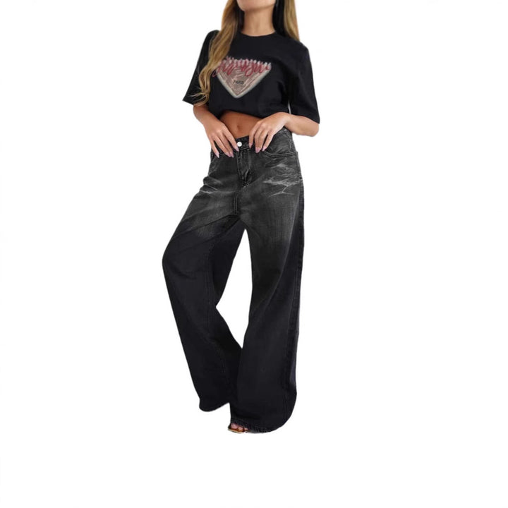 Damen lockere High-Waist Jeans mit angesagtem Farbverlauf und weitem Bein Drune