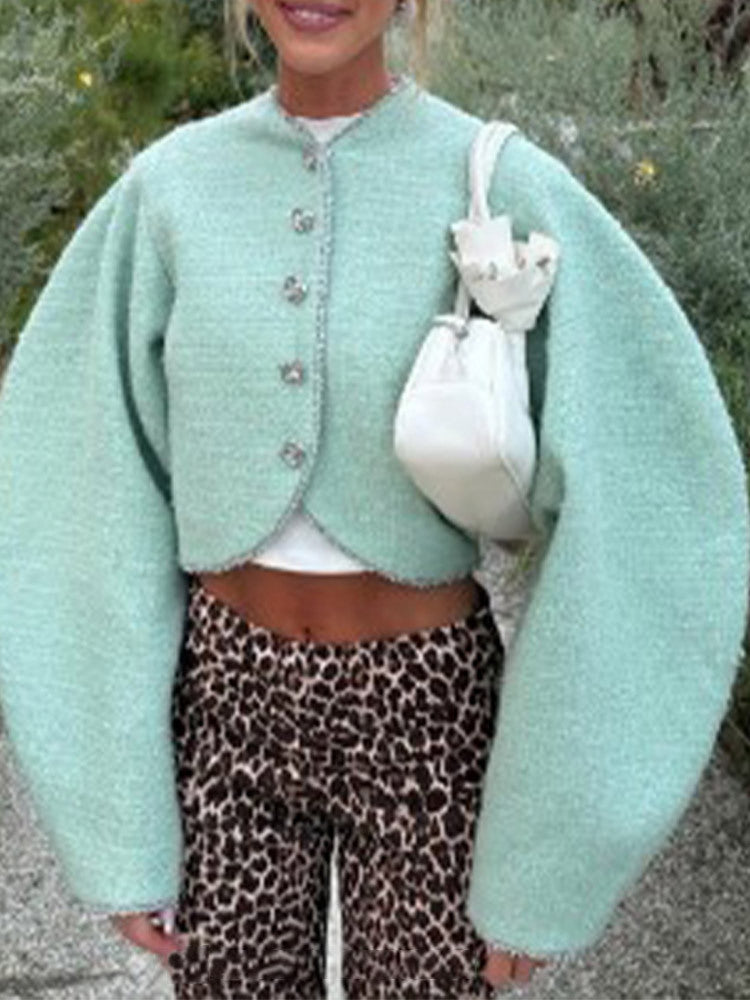 Damen Cropped Jacke mit voluminösen Ärmeln und dekorativen Knöpfen Drune