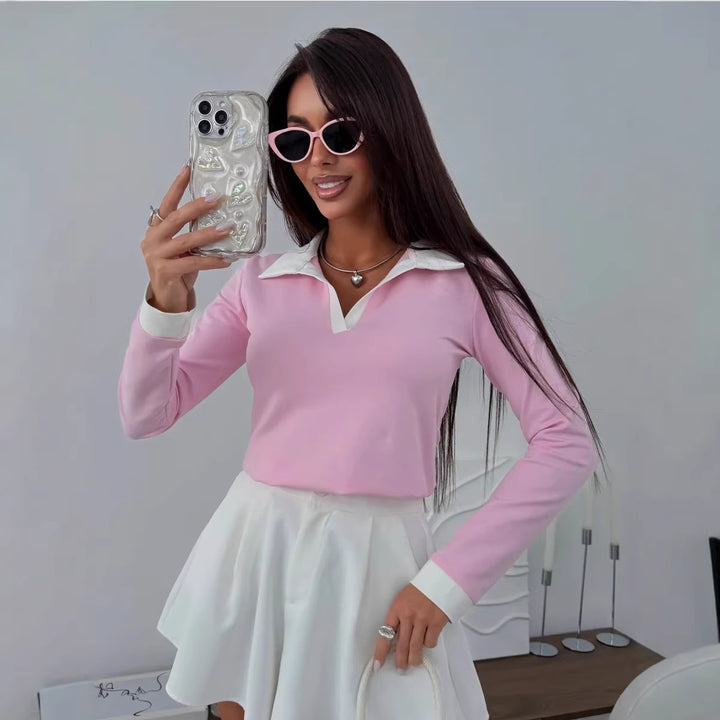 Damen Polo-Langarmshirt mit kontrastierendem Kragen Drune