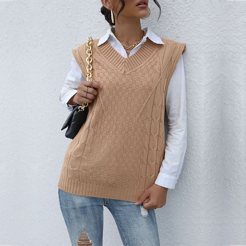 Damen klassischer Strickpullover ohne Ärmel mit V-Ausschnitt und strukturiertem Muster Drune
