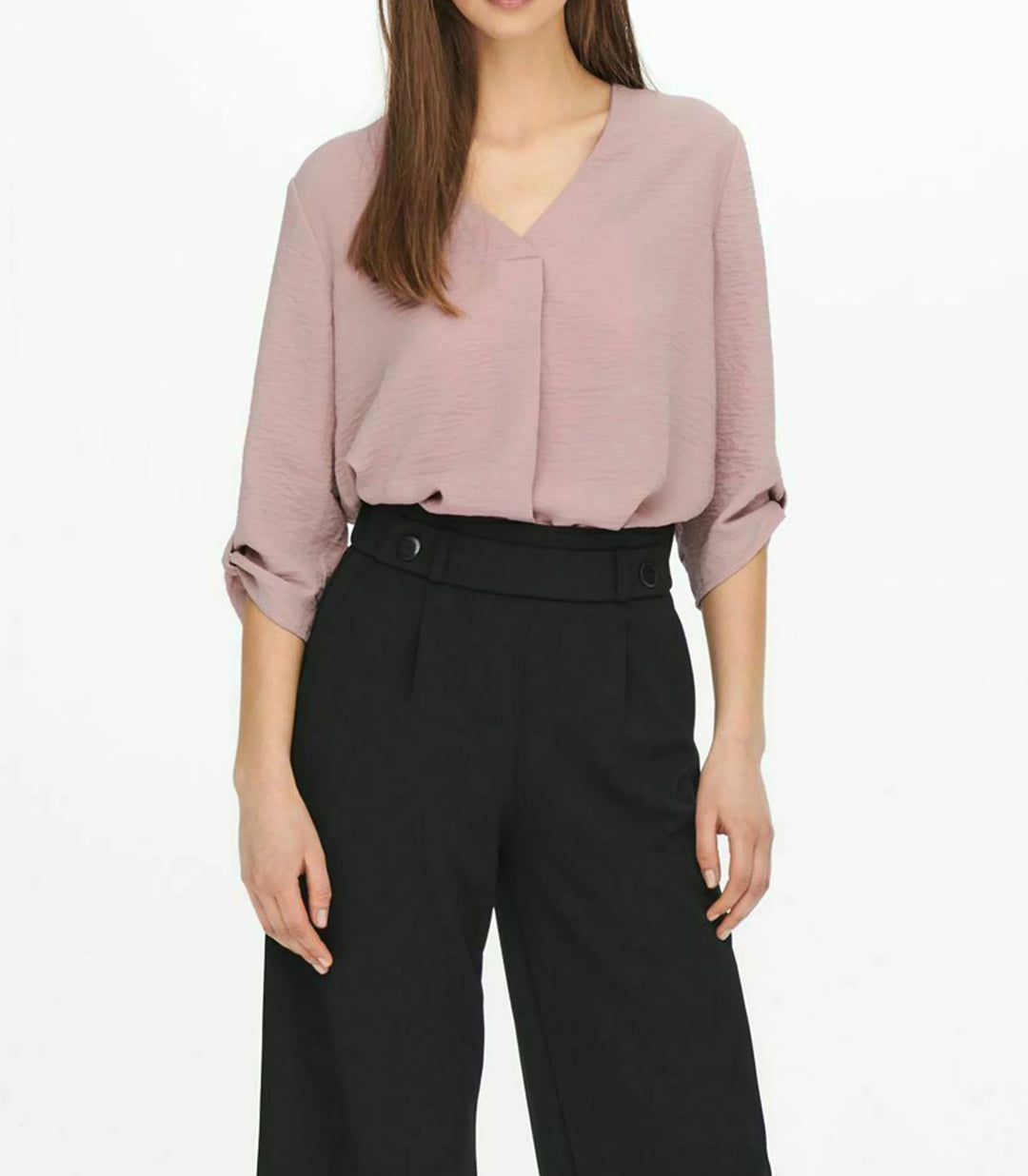Damen luftige Bluse mit V-Ausschnitt und hochrollbaren Ärmeln Drune