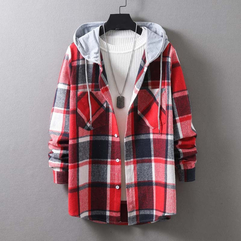 Herren lässige Karojacke mit Kapuze und funktionalen Taschen Drune