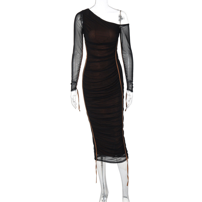 Damen Langarm-Midi-Kleid mit asymmetrischem Schnitt und romantischem Rüschendesign Drune