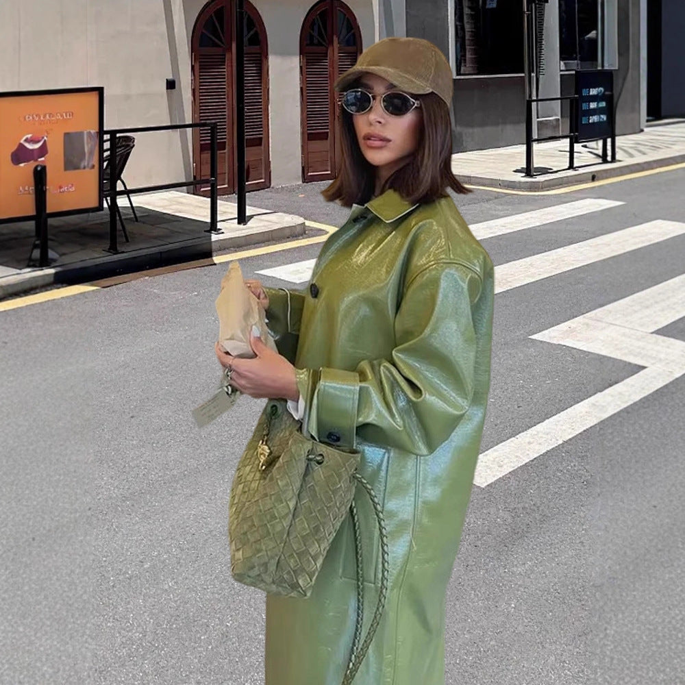 Damen Übergangs-Trenchcoat aus glänzendem Kunstleder mit hohem Kragen Drune