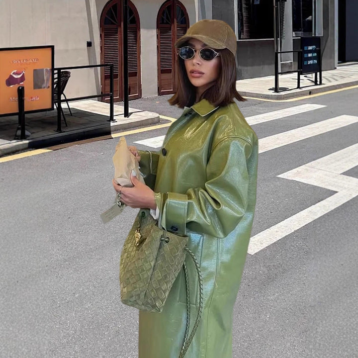 Damen Übergangs-Trenchcoat aus glänzendem Kunstleder mit hohem Kragen Drune
