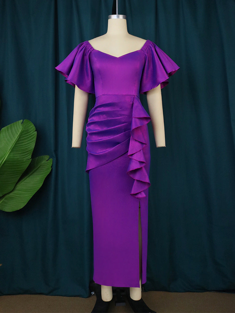 Damen Elegantes Maxikleid mit voluminösen Ärmeln und asymmetrischem Rüschen-Design Drune