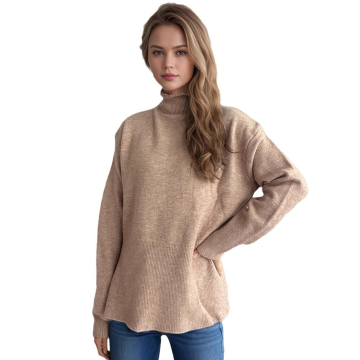 Damen lässiger Pullover mit hohem Kragen und praktischen Seitentaschen Drune