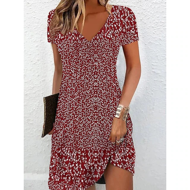 Damen Flirty V-Ausschnitt Floral Shift Kleid mit Rüschensaum Drune
