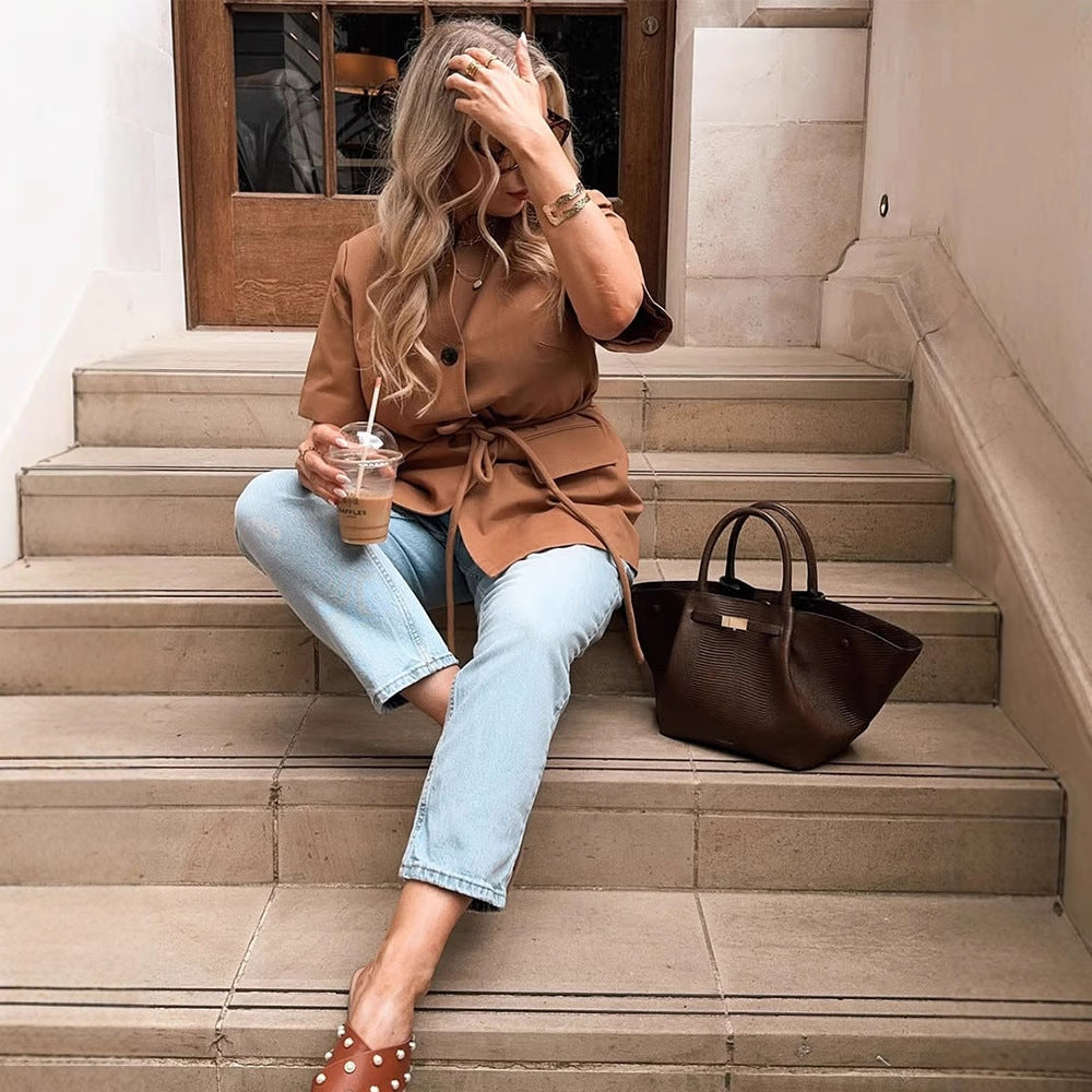 Damen modische Übergangsjacke mit Gürtel und praktischen Taschen Drune