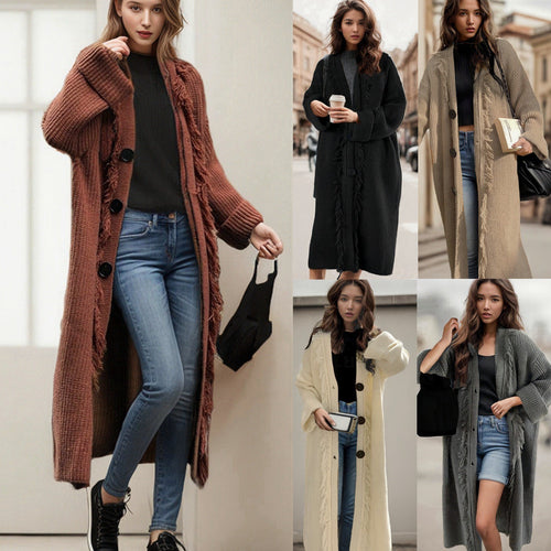 Damen Grobstrick-Cardigan mit fransigen Details und großer Knopfverzierung Drune