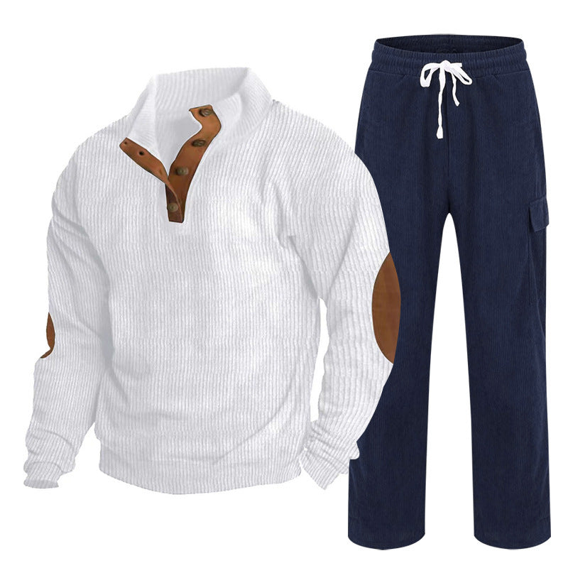 Herren nan Strick-Freizeitset mit Knopfleiste und Ellenbogenaufnähern sowie Cord-Cargohose Drune