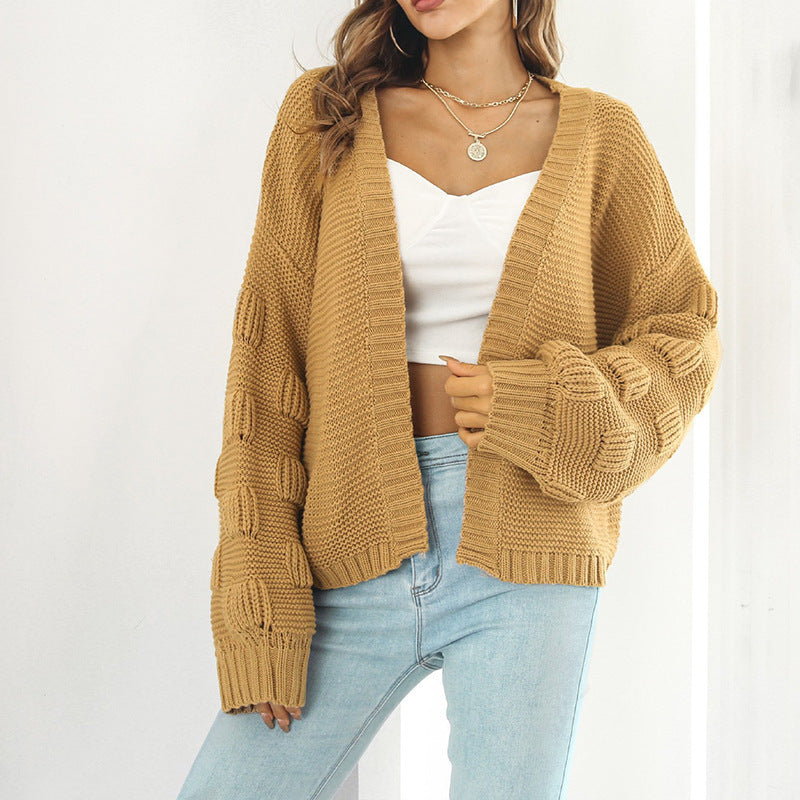 Damen Grobstrick Cardigan mit breiten Ärmeln und V-Ausschnitt Drune