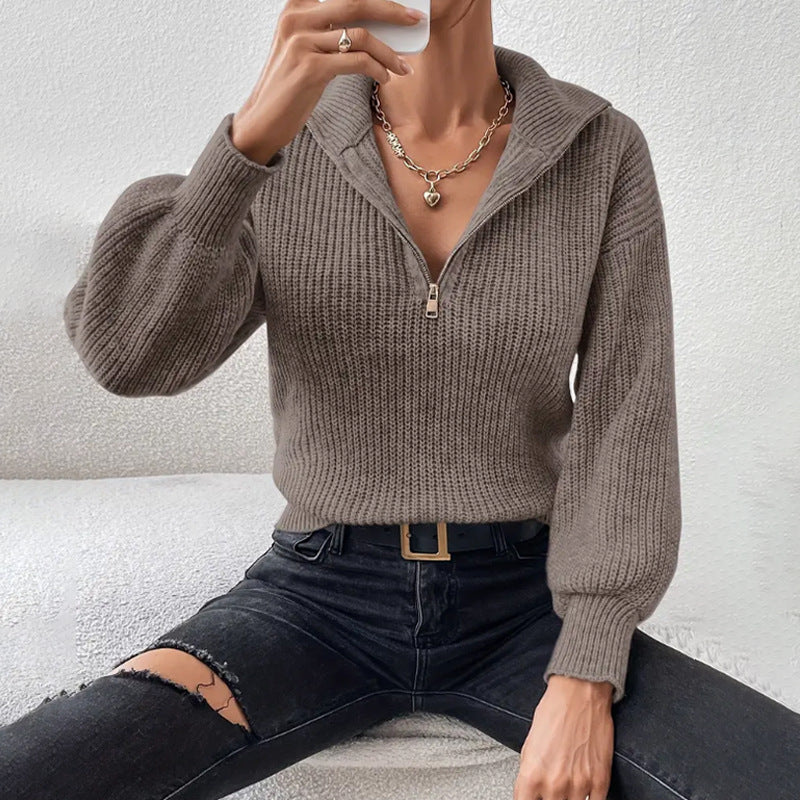 Damen Kuscheliger Strickpullover mit elegantem Stehkragen und Reißverschluss Drune