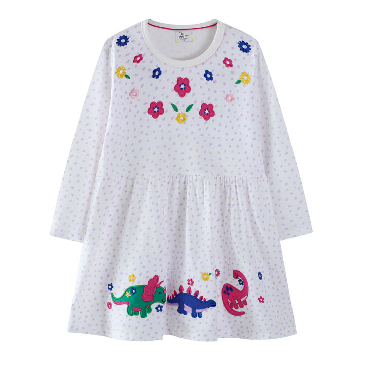 Mädchen Baumwollkleid mit buntem Dinosaurier- und Blumenmotiv Drune