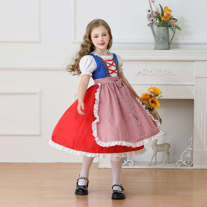 Damen nan traditionelles Kinder-Dirndl Kleid mit geraffter Schürze und Spitzenbesatz Drune