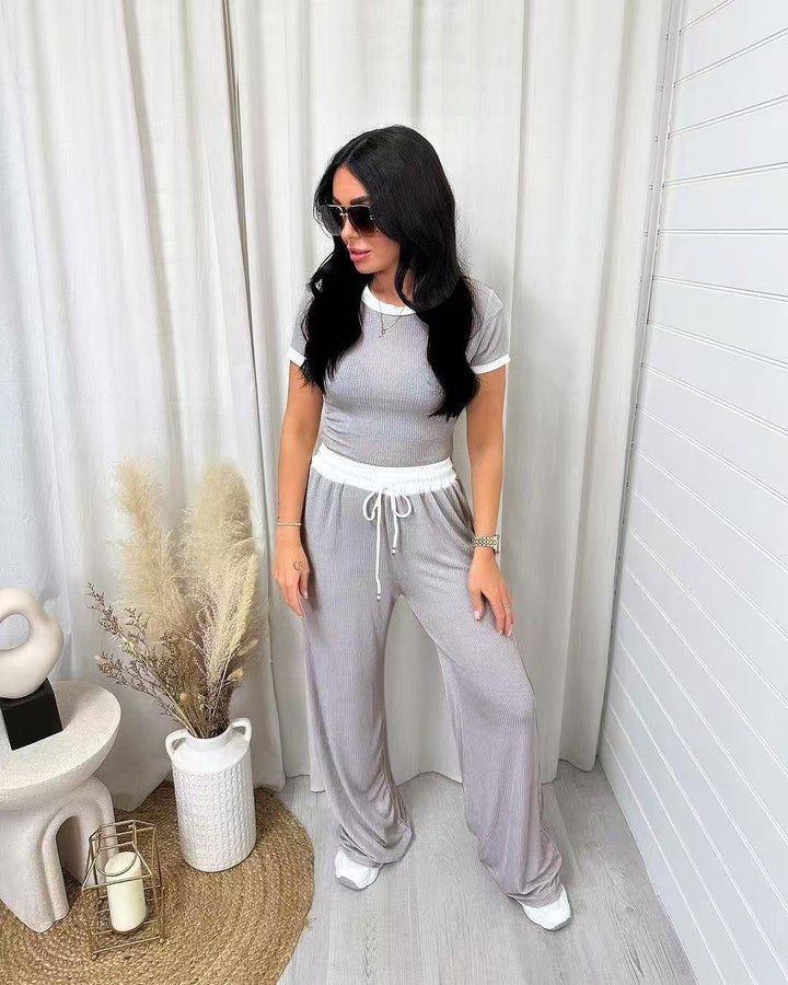 Damen lässiges zwei-teiliges Freizeit-Set mit cropped T-Shirt und weiten Hose Drune