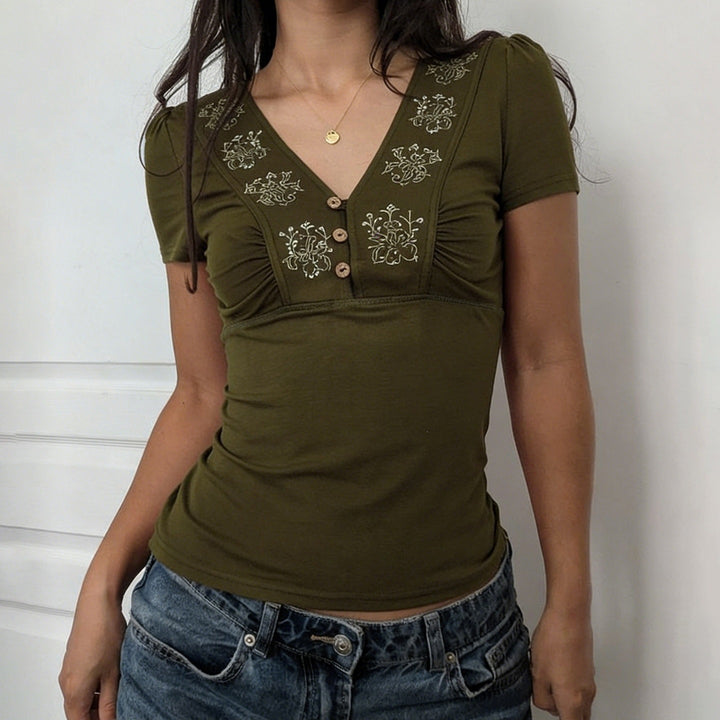 Damen Kurzarmshirt mit dekorativen Knopf- und Stickdetails Drune