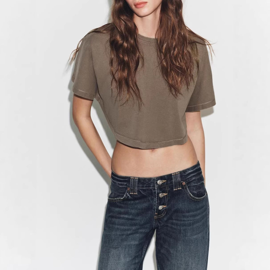 Damen cropped T-Shirt mit weit geschnittenen Ärmeln und weichem Baumwollmaterial Drune